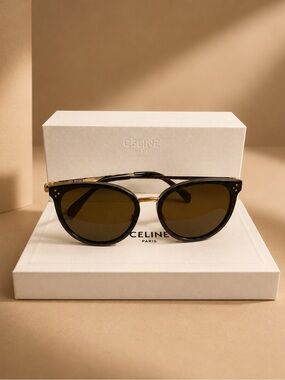 Celine CL40037U Black Gold Round Designer Sunglasses with Box